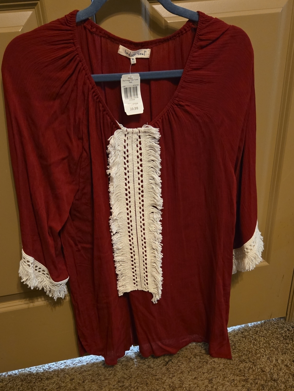 indigo soul Red Tunic with White Crochet Fringe